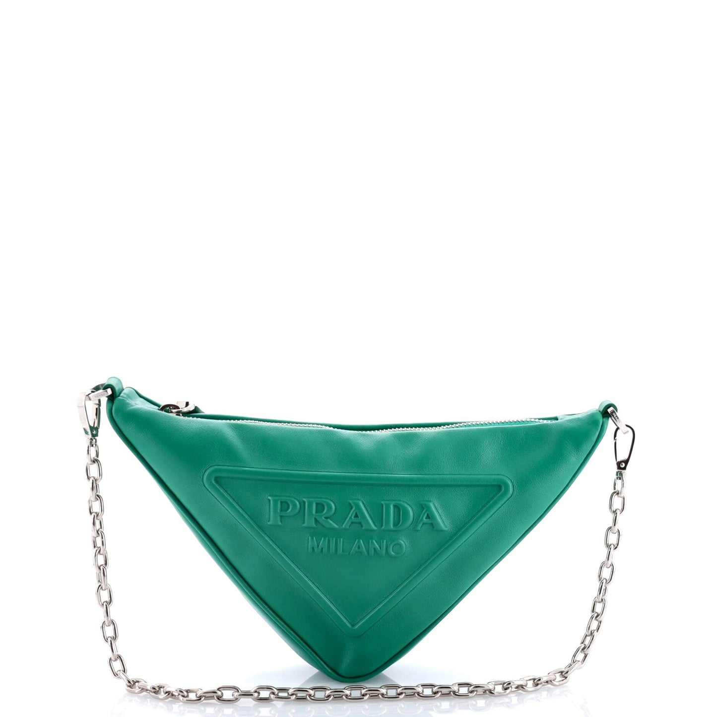 Prada Triangle Logo Zip Chain Crossbody Bag Embossed Leather Small