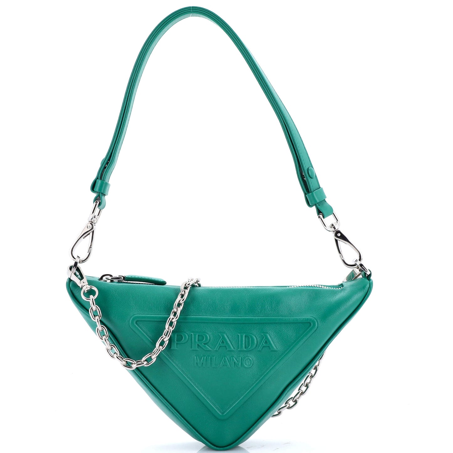 Prada Triangle Logo Zip Chain Crossbody Bag Embossed Leather Small