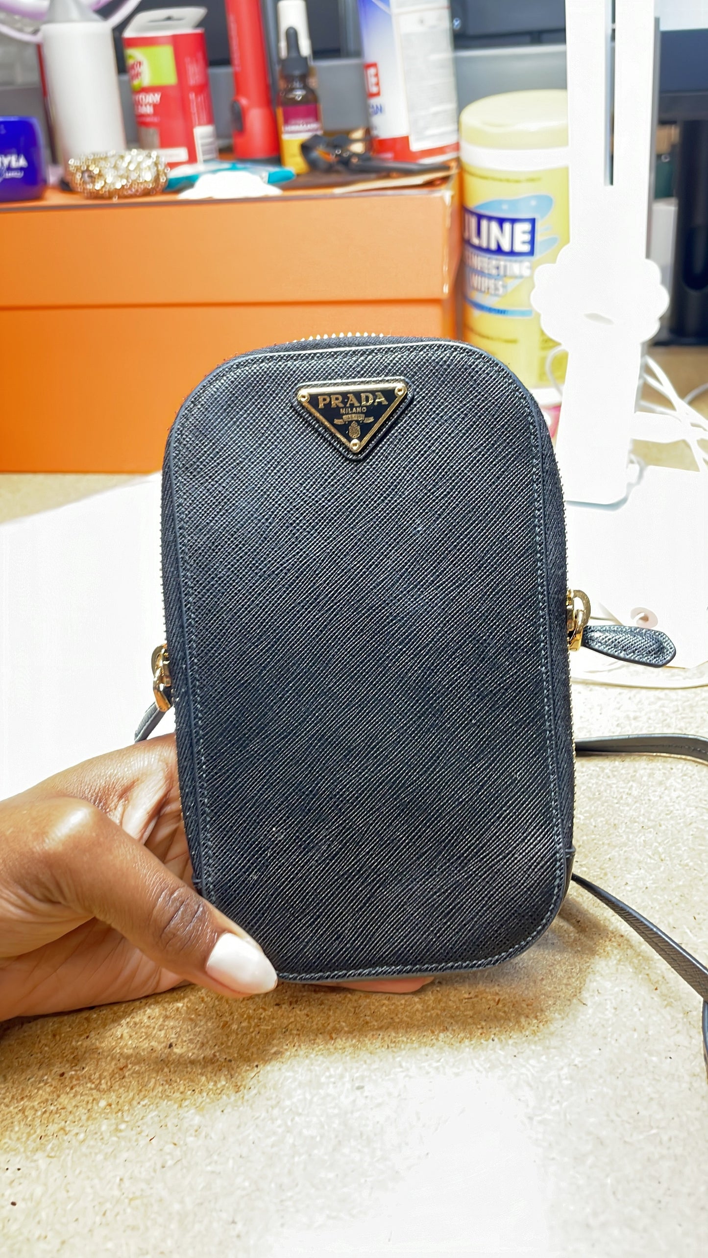 Prada Zip Phone Holder Crossbody Bag Saffiano Leather