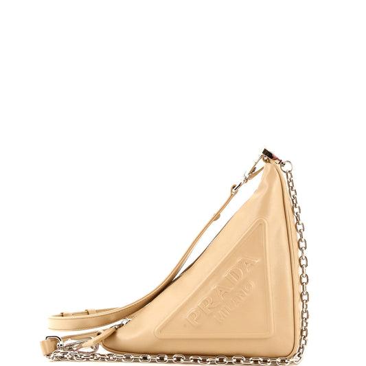 Prada Triangle Logo Zip Chain Crossbody Bag Embossed Leather Small