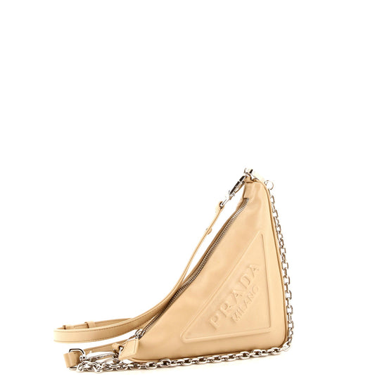 Prada Triangle Logo Zip Chain Crossbody Bag Embossed Leather Small