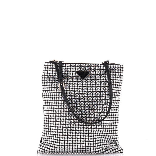 Prada Convertible Open Tote Crystal Embellished Satin Mini