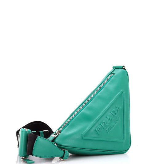 Prada Triangle Logo Zip Chain Crossbody Bag Embossed Leather Small