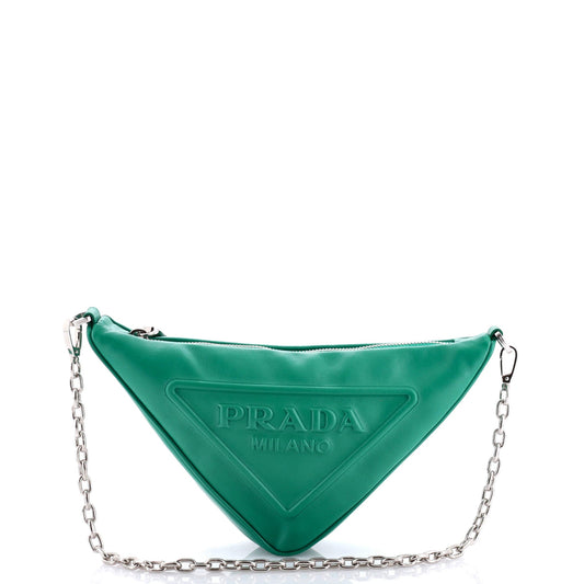 Prada Triangle Logo Zip Chain Crossbody Bag Embossed Leather Small
