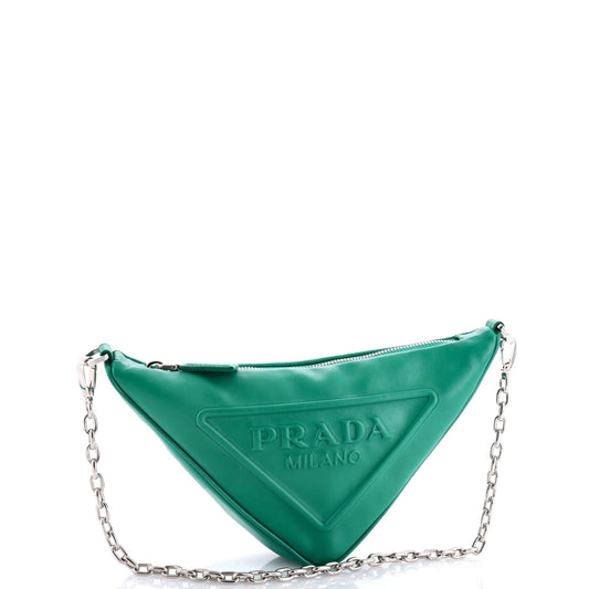 Prada Triangle Logo Zip Chain Crossbody Bag Embossed Leather Small
