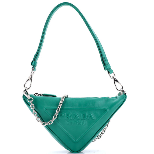 Prada Triangle Logo Zip Chain Crossbody Bag Embossed Leather Small
