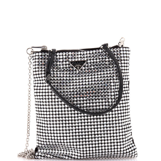 Prada Convertible Open Tote Crystal Embellished Satin Mini