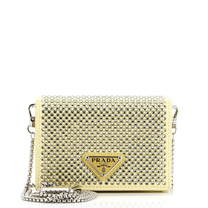 Prada Flap Card Holder with Chain Satin with Crystals