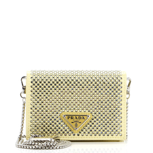 Prada Flap Card Holder with Chain Satin with Crystals