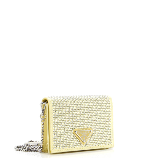 Prada Flap Card Holder with Chain Satin with Crystals