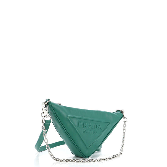 Prada Triangle Logo Zip Chain Crossbody Bag Embossed Leather Small