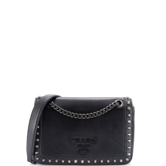 Prada Chain Flap Bag Studded Glazed Calfskin Medium