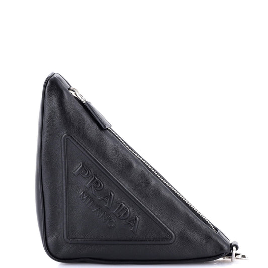 Prada Triangle Logo Wristlet Pouch Embossed Leather