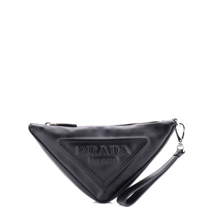 Prada Triangle Logo Wristlet Pouch Embossed Leather