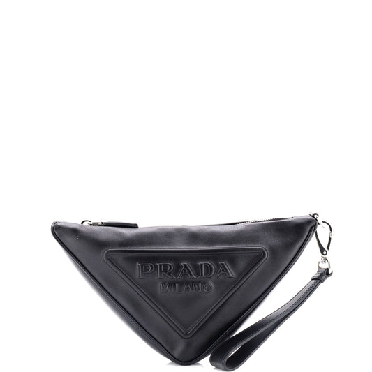 Prada Triangle Logo Wristlet Pouch Embossed Leather