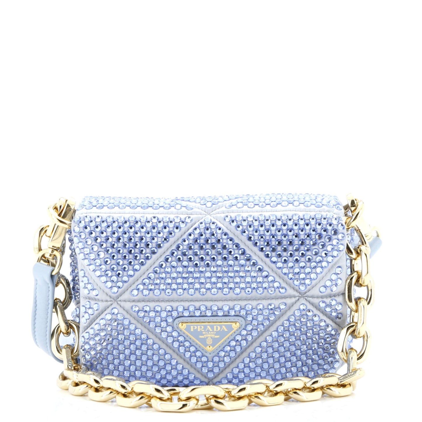 Prada Triangle Chain Flap Bag Crystal Embellished Quilted Satin
