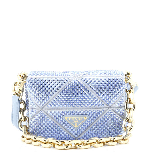 Prada Triangle Chain Flap Bag Crystal Embellished Quilted Satin