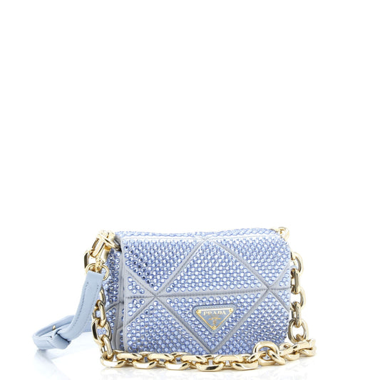 Prada Triangle Chain Flap Bag Crystal Embellished Quilted Satin