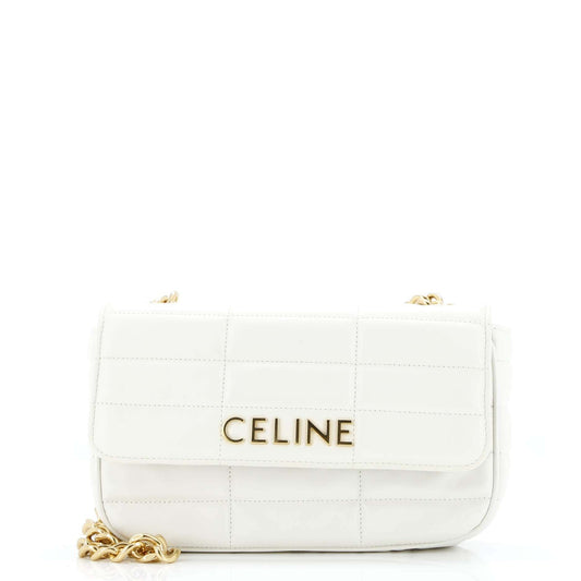 Celine Logo Chain Flap Bag Quilted Goatskin Small